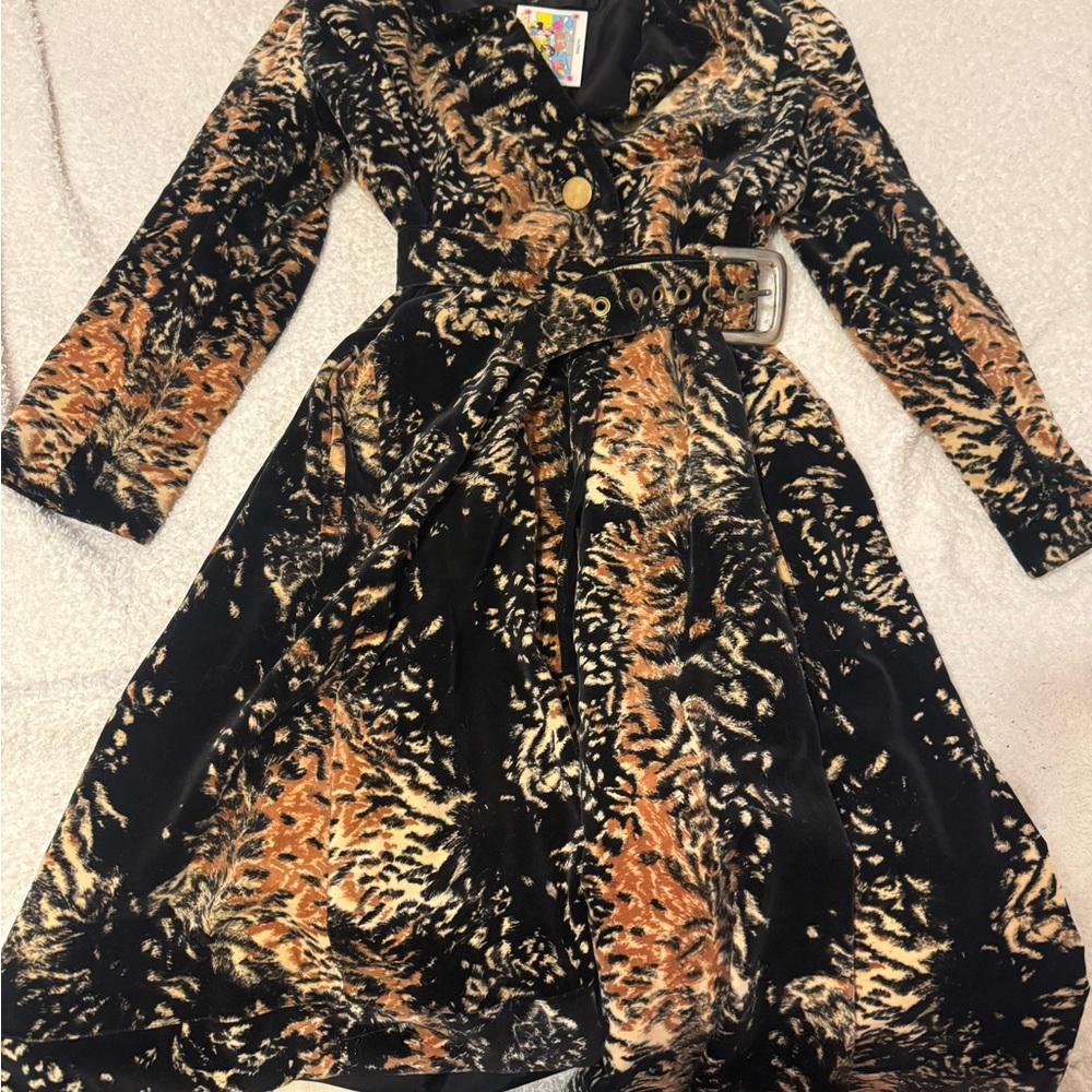 authentic vintage 60s velvet Animal Print trench coat button with Belt
